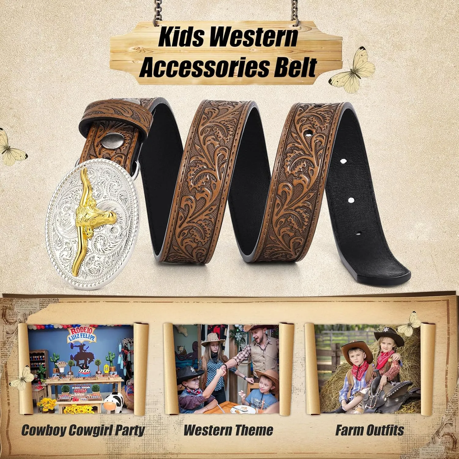 Kids Western Belt for Boys Girls, Embossed Genuine Leather Cowboy Cowgirl Belt for Jeans Pant Dresses Gift