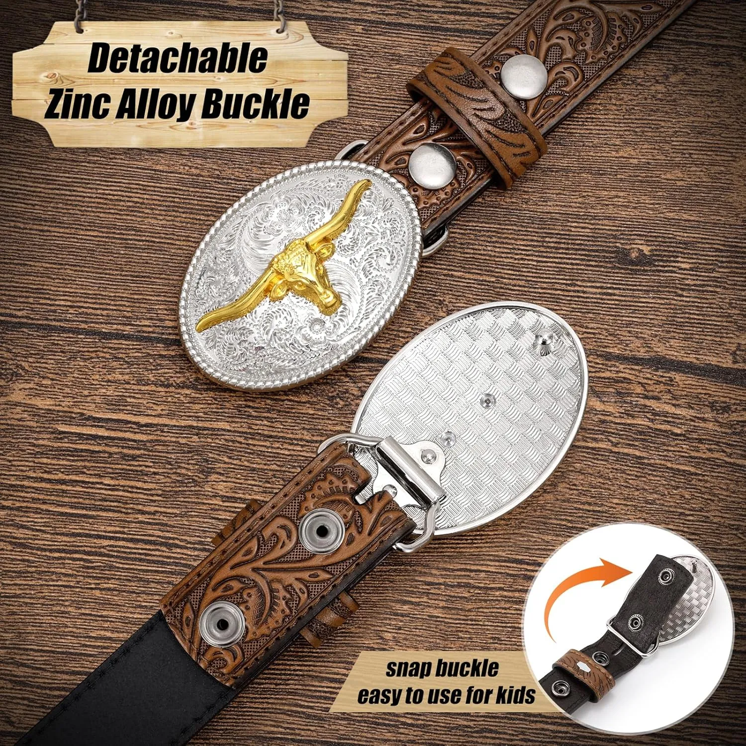 Kids Western Belt for Boys Girls, Embossed Genuine Leather Cowboy Cowgirl Belt for Jeans Pant Dresses Gift