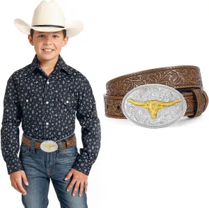 Kids Western Belt for Boys Girls, Embossed Genuine Leather Cowboy Cowgirl Belt for Jeans Pant Dresses Gift