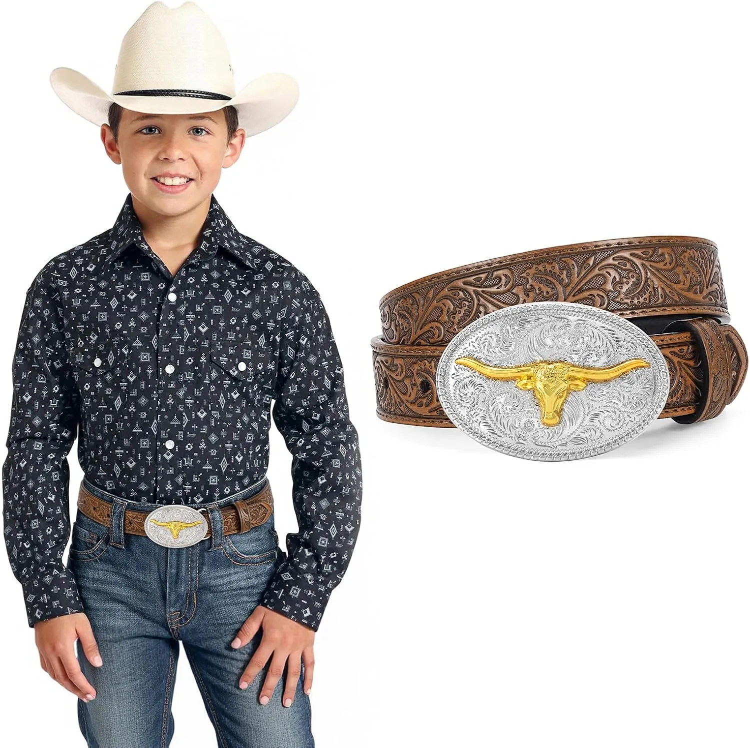 Kids Western Belt for Boys Girls, Embossed Genuine Leather Cowboy Cowgirl Belt for Jeans Pant Dresses Gift