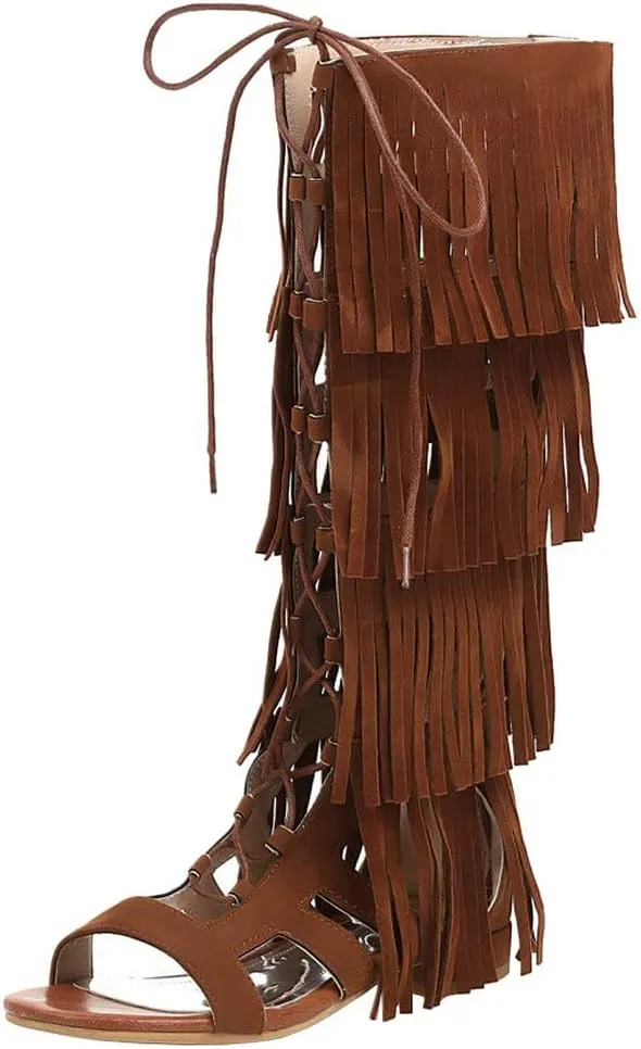 KISSASA Womens Fringe Lace Up Knee High Flat Gladiator Caged Low Heel Tassel Sandals