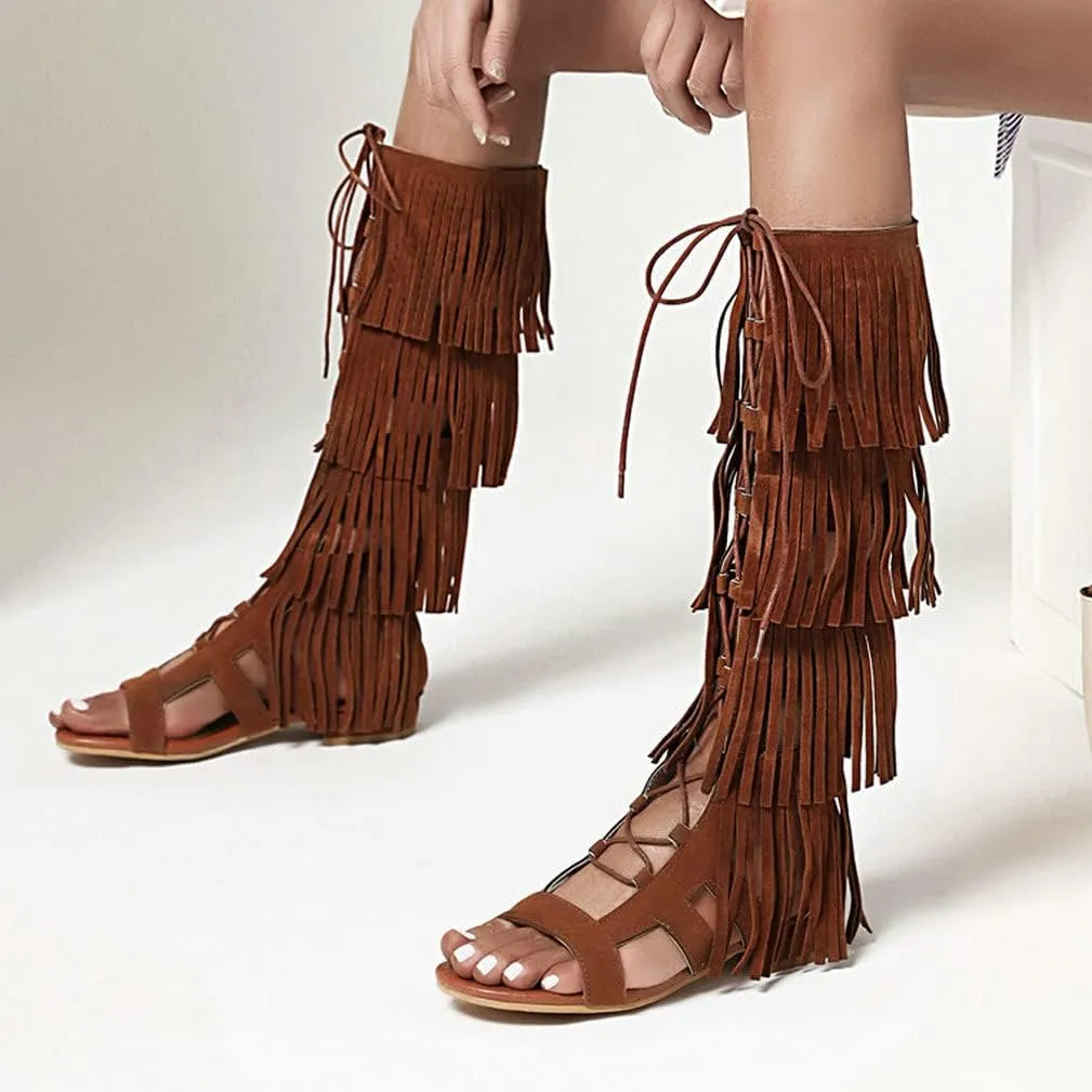 KISSASA Womens Fringe Lace Up Knee High Flat Gladiator Caged Low Heel Tassel Sandals