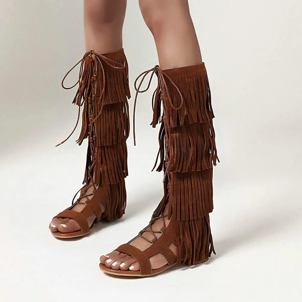 KISSASA Womens Fringe Lace Up Knee High Flat Gladiator Caged Low Heel Tassel Sandals