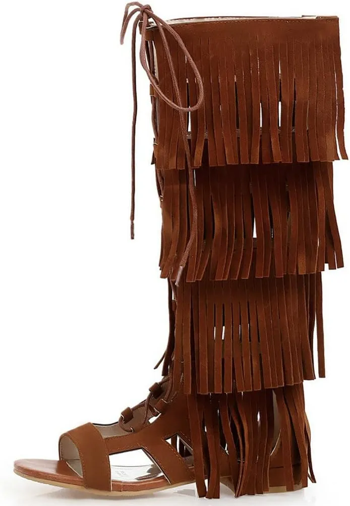 KISSASA Womens Fringe Lace Up Knee High Flat Gladiator Caged Low Heel Tassel Sandals