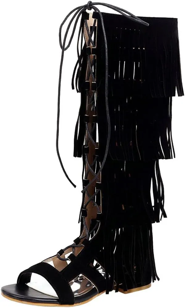 KISSASA Womens Fringe Lace Up Knee High Flat Gladiator Caged Low Heel Tassel Sandals