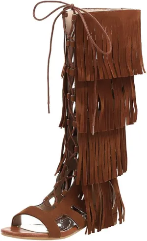KISSASA Womens Fringe Lace Up Knee High Flat Gladiator Caged Low Heel Tassel Sandals