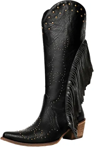 KiutSymo Cowgirl Fringe Boots For Women White Tassels Cowboy Boots Knee High Pointed Toe Western Boots
