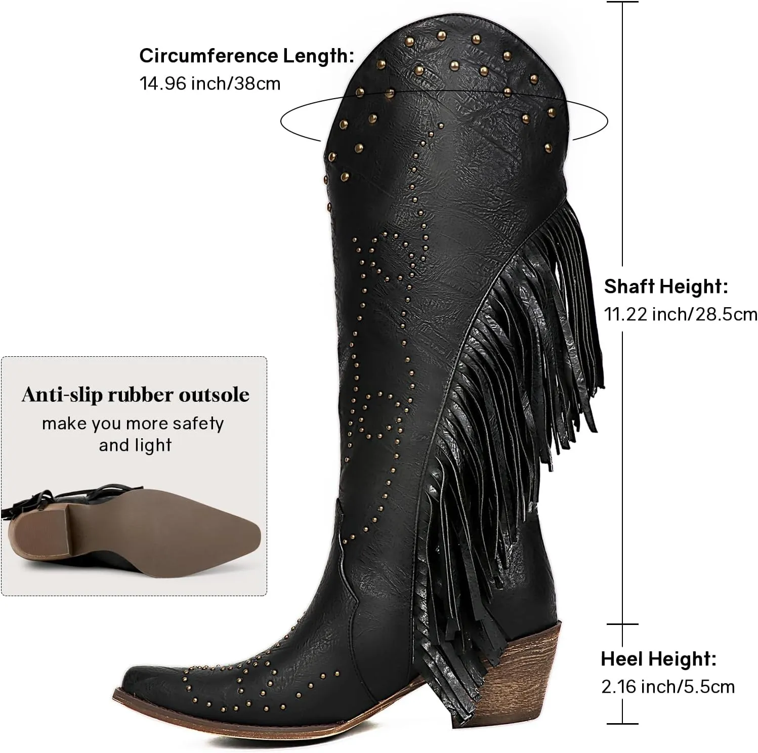 KiutSymo Cowgirl Fringe Boots For Women White Tassels Cowboy Boots Knee High Pointed Toe Western Boots