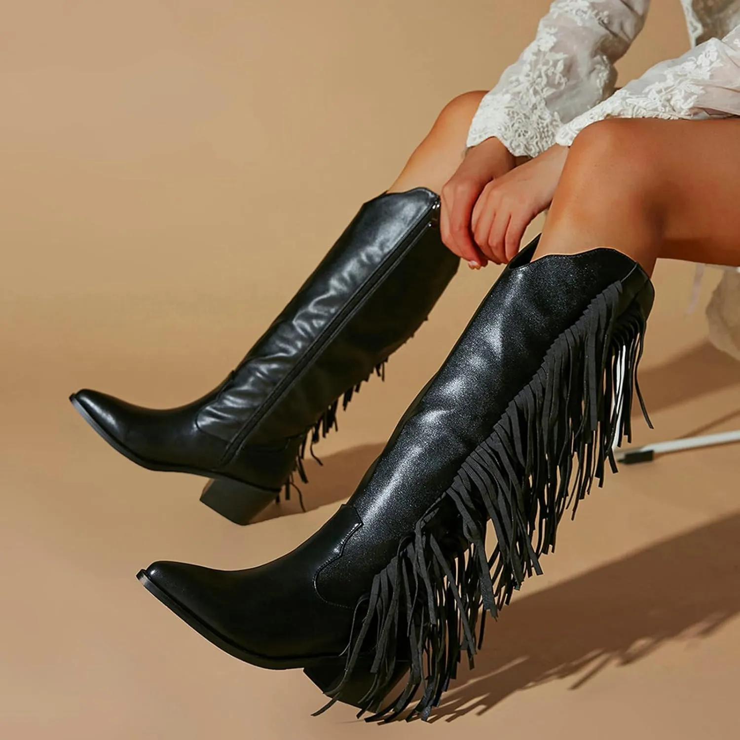 KiutSymo Cowgirl Fringe Boots For Women White Tassels Cowboy Boots Knee High Pointed Toe Western Boots