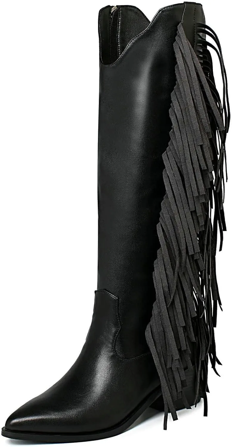 KiutSymo Cowgirl Fringe Boots For Women White Tassels Cowboy Boots Knee High Pointed Toe Western Boots