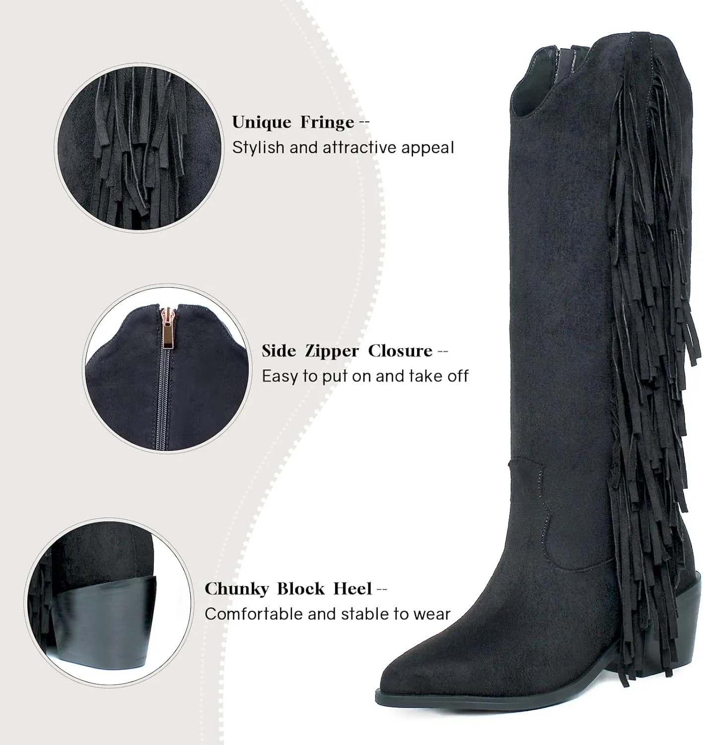KiutSymo Cowgirl Fringe Boots For Women White Tassels Cowboy Boots Knee High Pointed Toe Western Boots