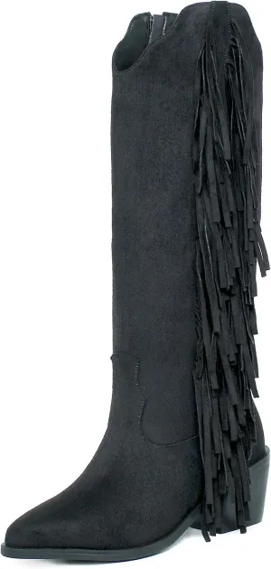 KiutSymo Cowgirl Fringe Boots For Women White Tassels Cowboy Boots Knee High Pointed Toe Western Boots