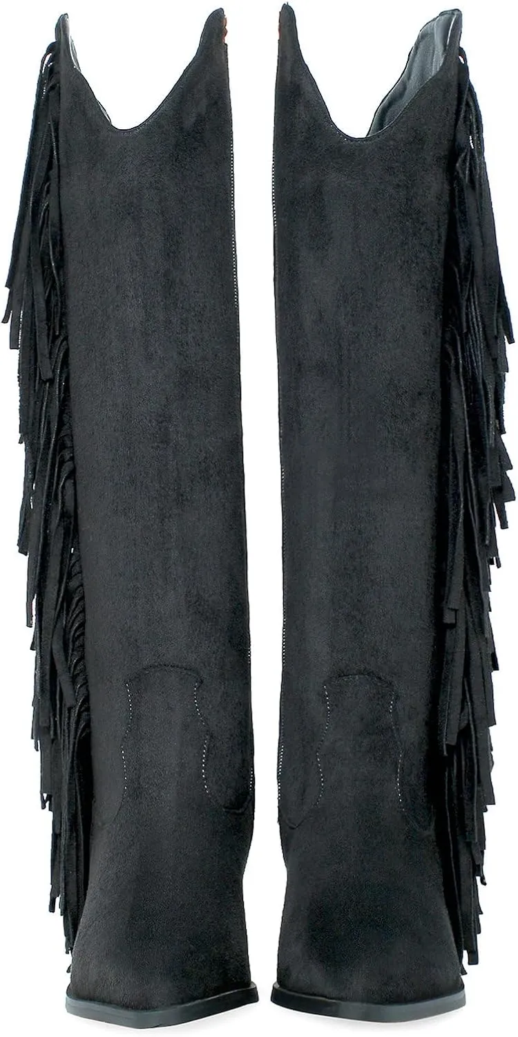 KiutSymo Cowgirl Fringe Boots For Women White Tassels Cowboy Boots Knee High Pointed Toe Western Boots