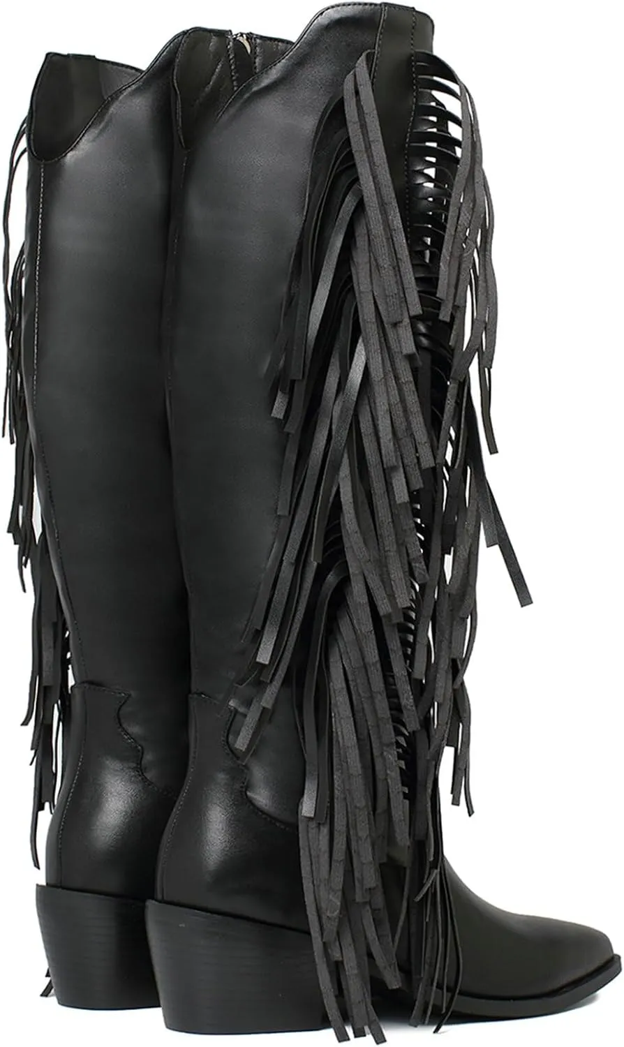 KiutSymo Cowgirl Fringe Boots For Women White Tassels Cowboy Boots Knee High Pointed Toe Western Boots