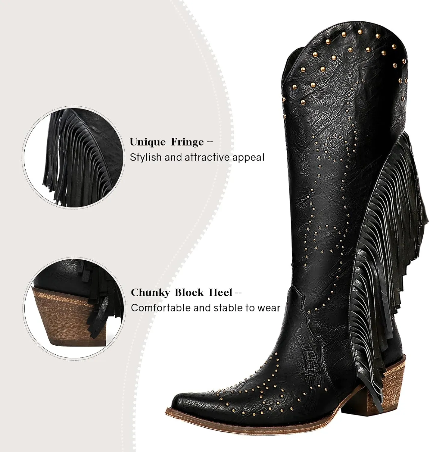 KiutSymo Cowgirl Fringe Boots For Women White Tassels Cowboy Boots Knee High Pointed Toe Western Boots