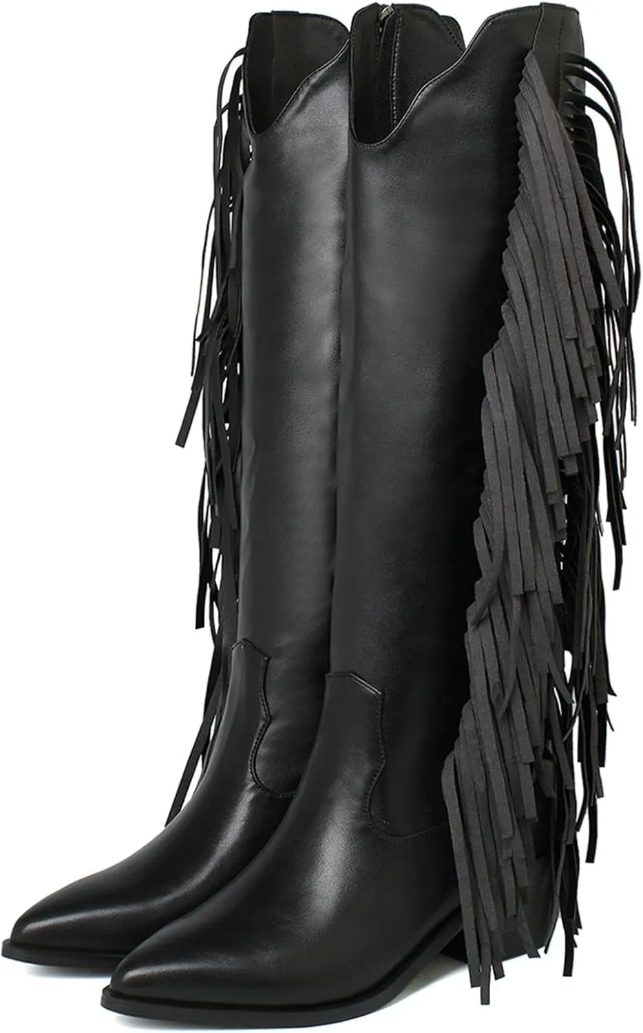 KiutSymo Cowgirl Fringe Boots For Women White Tassels Cowboy Boots Knee High Pointed Toe Western Boots