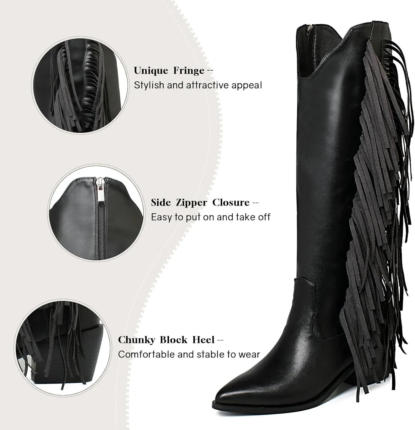 KiutSymo Cowgirl Fringe Boots For Women White Tassels Cowboy Boots Knee High Pointed Toe Western Boots