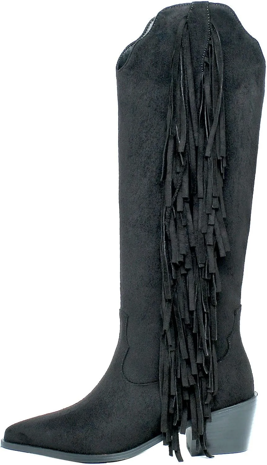 KiutSymo Cowgirl Fringe Boots For Women White Tassels Cowboy Boots Knee High Pointed Toe Western Boots