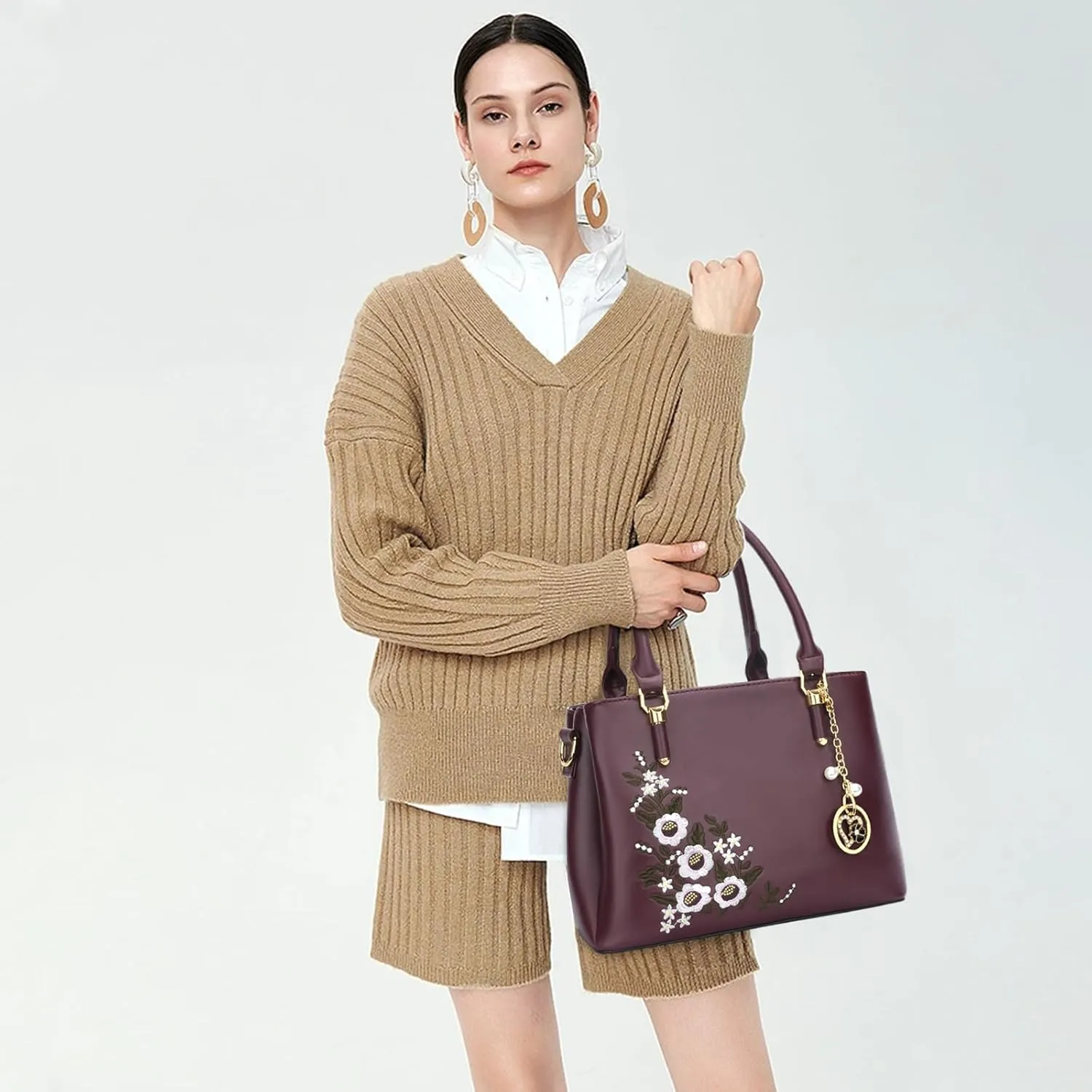 KKXIU Women Satchel Bags Handle Shoulder Handbags and Purses Pockets Zipper Leather Crossbody Bags