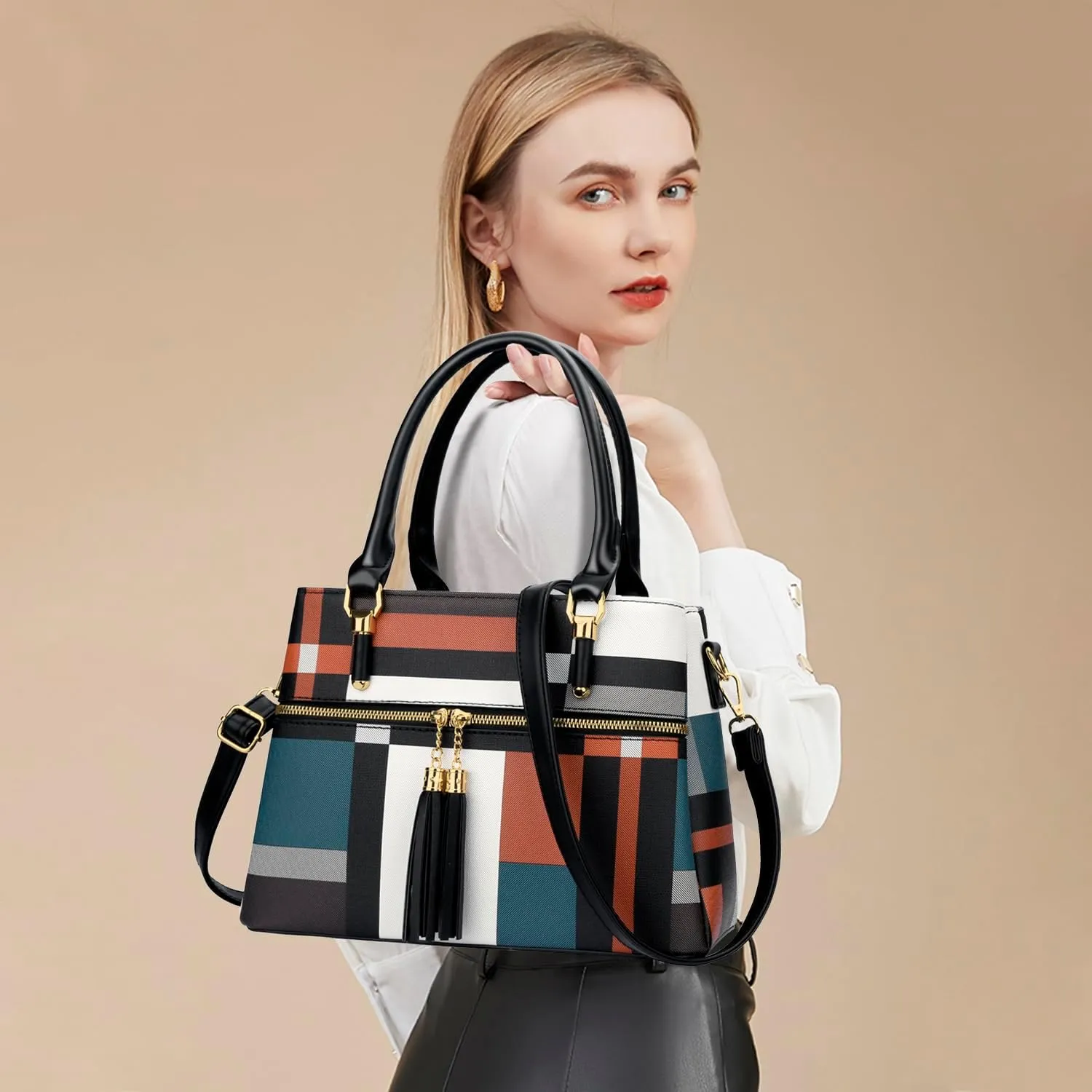 KKXIU Women Satchel Bags Handle Shoulder Handbags and Purses Pockets Zipper Leather Crossbody Bags