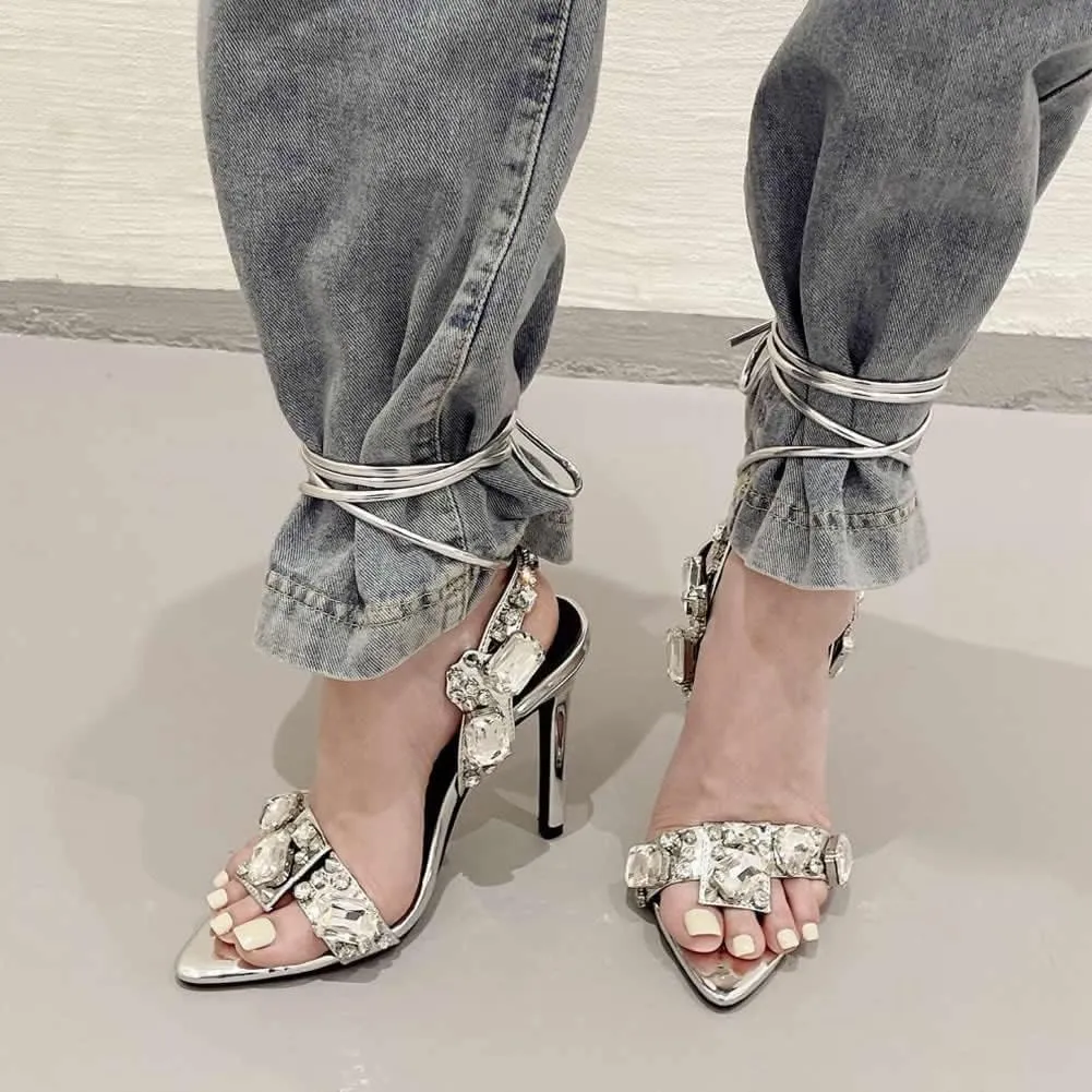 Kluolandi Women's Strappy Stiletto Heels with Crystal Lace Up Gladiator Sexy Open Toe High Heeled Sandals Gold Heels for Women