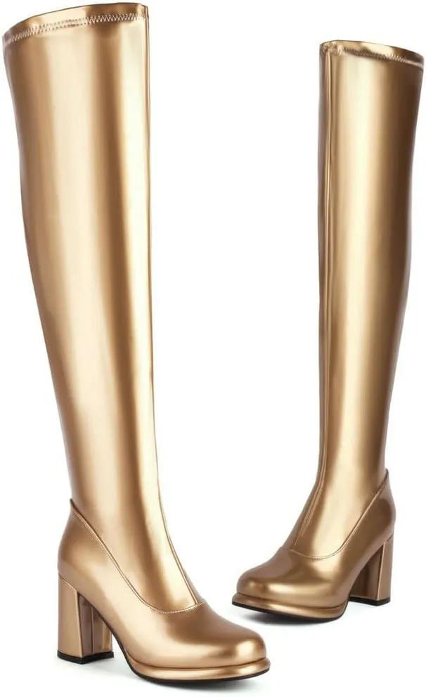 KOKOMOMO Metallic Platform Boots Patent Leather Thigh High Heeled Full Zip Boots Over The Knee High Heel Boots
