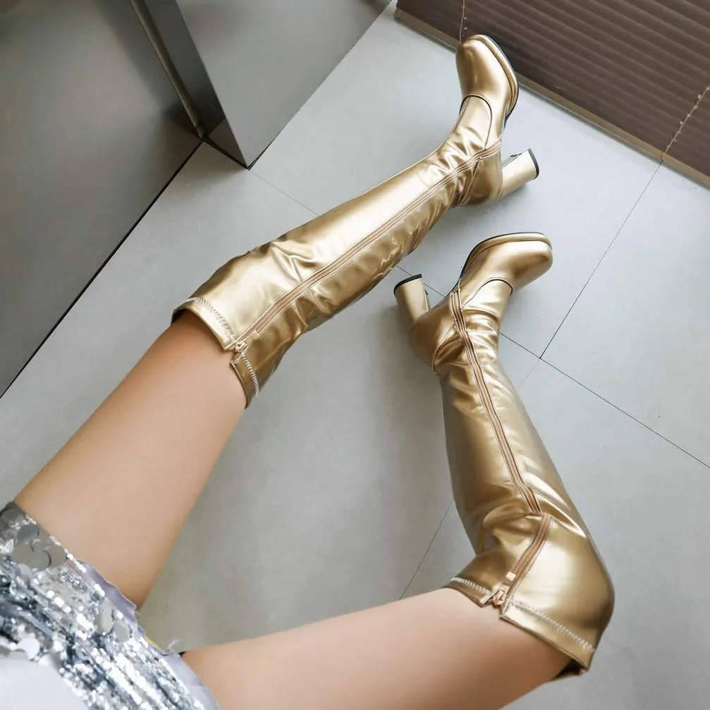 KOKOMOMO Metallic Platform Boots Patent Leather Thigh High Heeled Full Zip Boots Over The Knee High Heel Boots