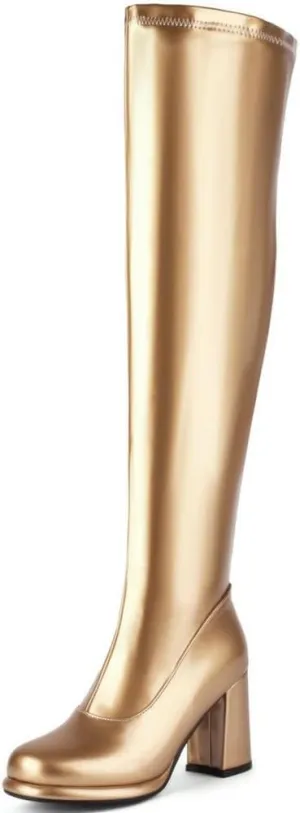 KOKOMOMO Metallic Platform Boots Patent Leather Thigh High Heeled Full Zip Boots Over The Knee High Heel Boots