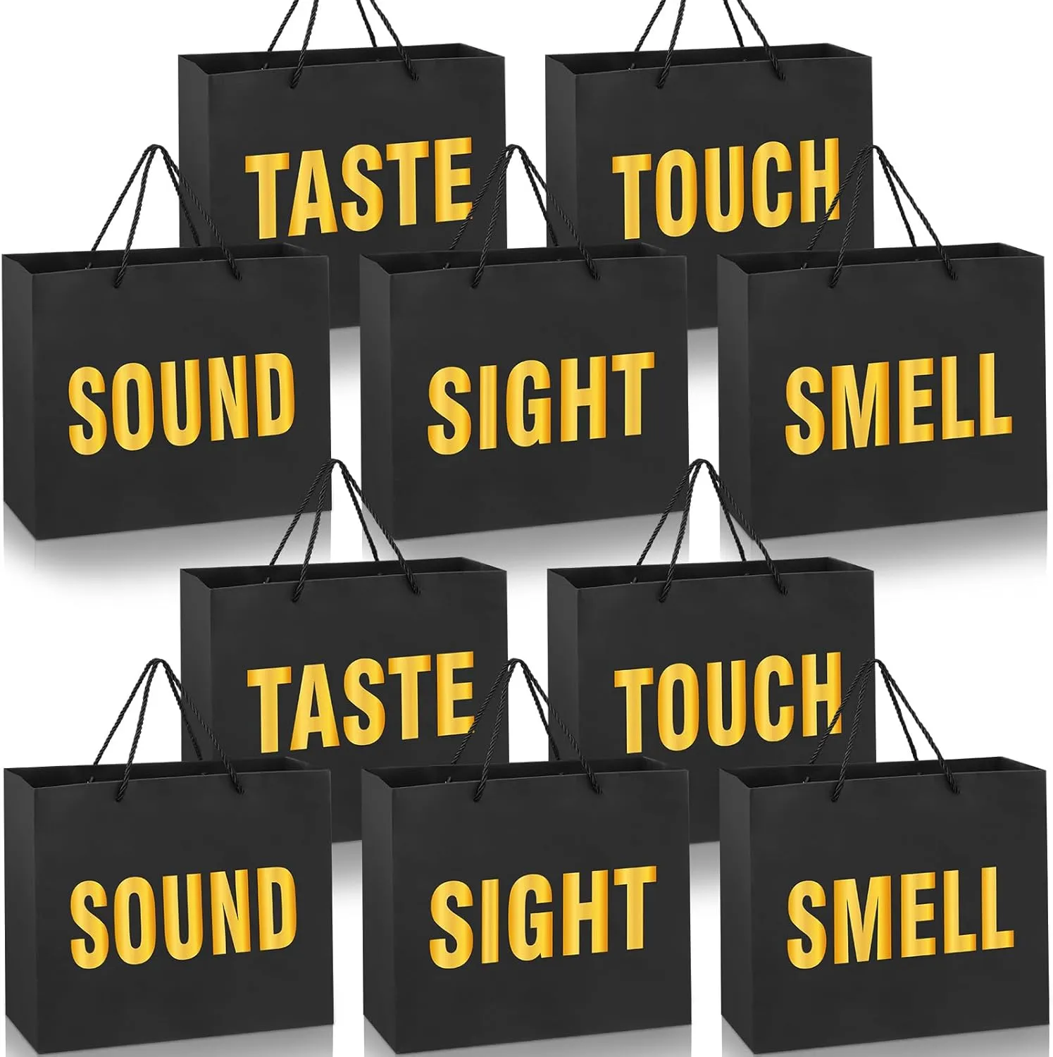 Kolldenn 10 Pcs 5 Senses Gift Bags for Him Her Large Five Senses Paper Wrapping Bag with Ribbon Handles Words Tote for Birthday Graduation Wedding Anniversary (Black)