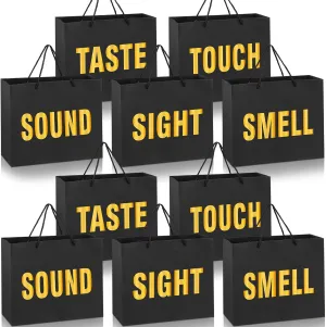 Kolldenn 10 Pcs 5 Senses Gift Bags for Him Her Large Five Senses Paper Wrapping Bag with Ribbon Handles Words Tote for Birthday Graduation Wedding Anniversary (Black)