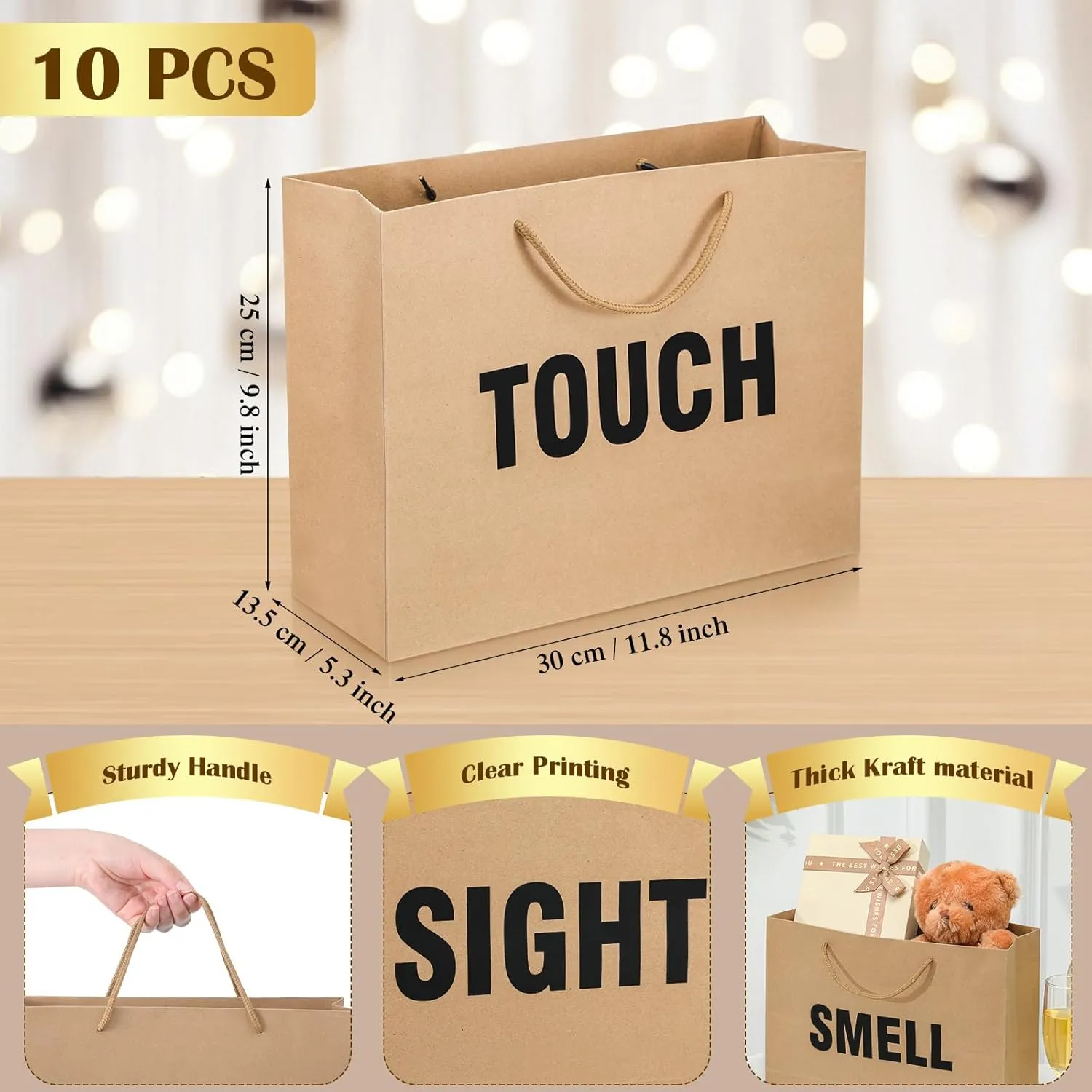 Kolldenn 10 Pcs 5 Senses Gift Bags for Him Her Large Five Senses Paper Wrapping Bag with Ribbon Handles Words Tote for Birthday Graduation Wedding Anniversary(Kraft Paper)