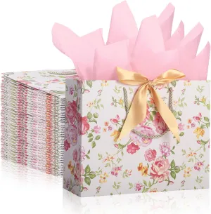 Kolldenn 20 Set 12. 6" Large Pink Floral Horizontal Gift Bag with 60 Pcs Tissue Paper, Vintage Floral with Gold Bow and Handles for Nurses, Bridal Shower, Graduation, Mother Day, New Women Birthday