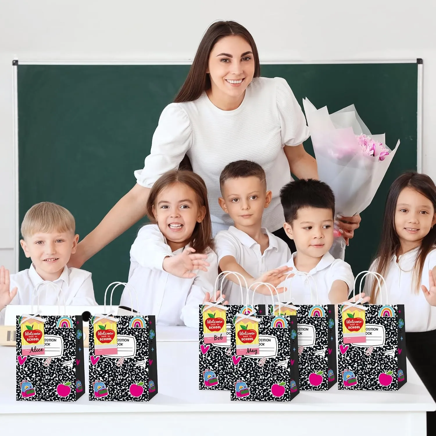 Kolldenn 24 Sets Welcome Back to School Gift Bags with Tissue Composition Book Shape Paper Candy Treat Bags with Handle Cards for First Day of School Classroom Gifts Wrap