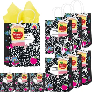 Kolldenn 24 Sets Welcome Back to School Gift Bags with Tissue Composition Book Shape Paper Candy Treat Bags with Handle Cards for First Day of School Classroom Gifts Wrap