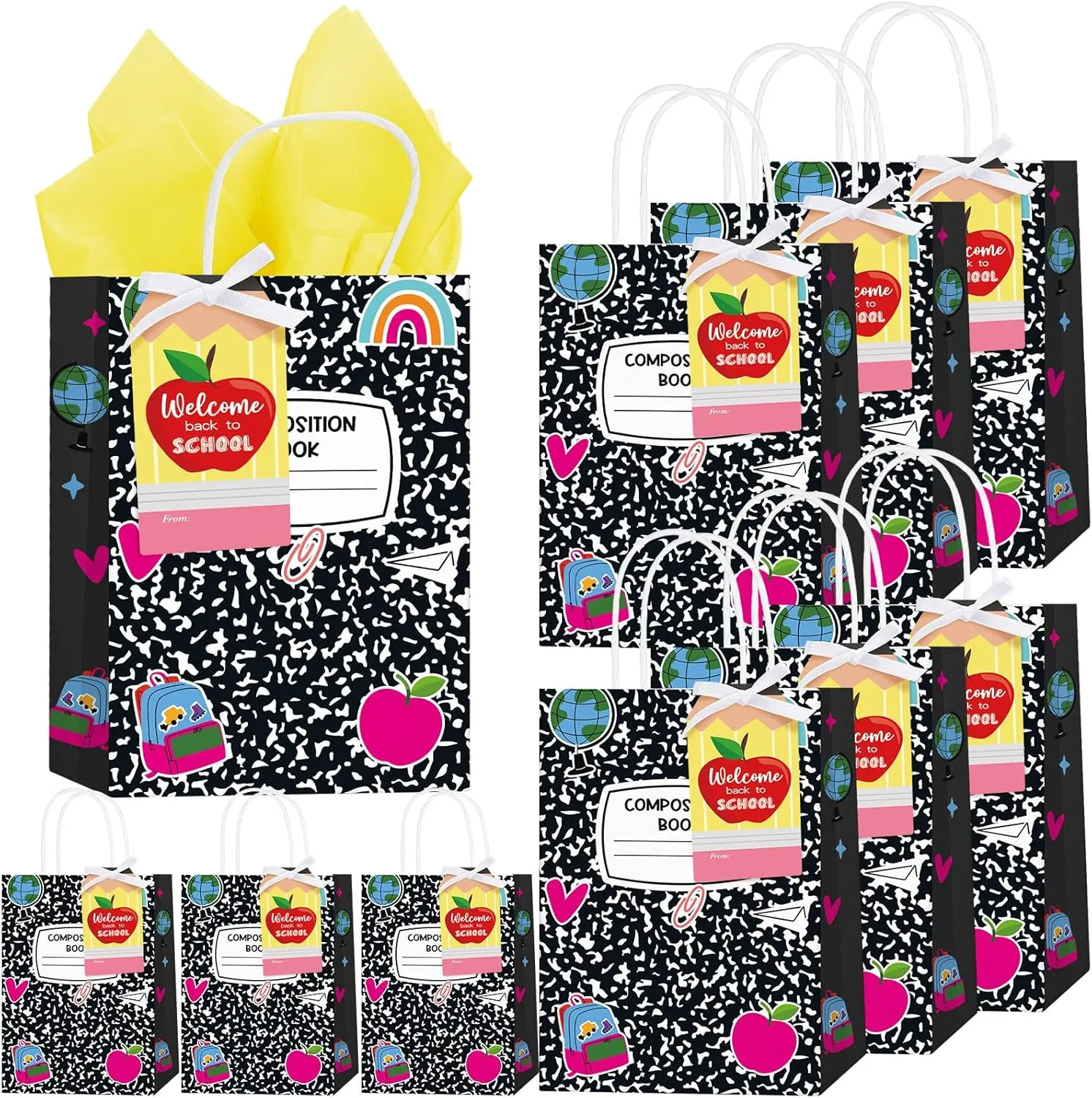 Kolldenn 24 Sets Welcome Back to School Gift Bags with Tissue Composition Book Shape Paper Candy Treat Bags with Handle Cards for First Day of School Classroom Gifts Wrap
