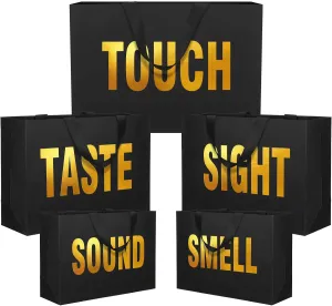 Kolldenn 5 Senses Gift Bags for Him 3 Assorted Sizes Taste Touch Hear Smell Sight Five Senses Black Paper Gift Bags with Ribbon Handles for Wedding Birthday Christmas Valentine, 2m, 2l and 1xl Size