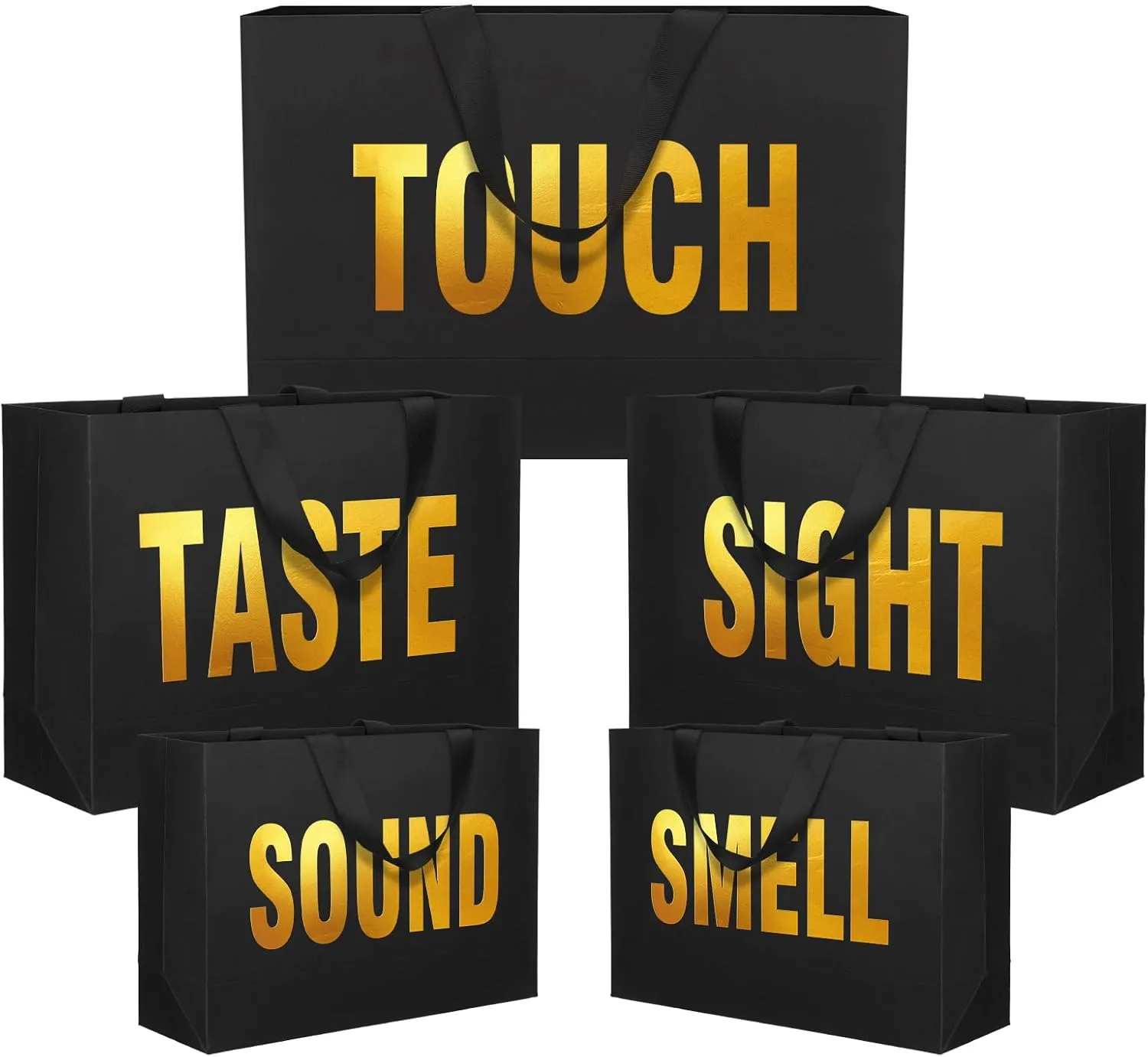 Kolldenn 5 Senses Gift Bags for Him 3 Assorted Sizes Taste Touch Hear Smell Sight Five Senses Black Paper Gift Bags with Ribbon Handles for Wedding Birthday Christmas Valentine, 2m, 2l and 1xl Size