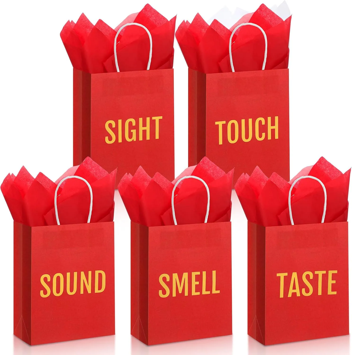 Kolldenn 5 Senses Gift Bags for Him for Her with 10 Pcs Tissue Paper, Paper Bags with Handles Five Senses Gifts for Valentines Christmas Birthday Wedding Anniversary(Red,8.3 x 4.3 x 10.6 Inch)