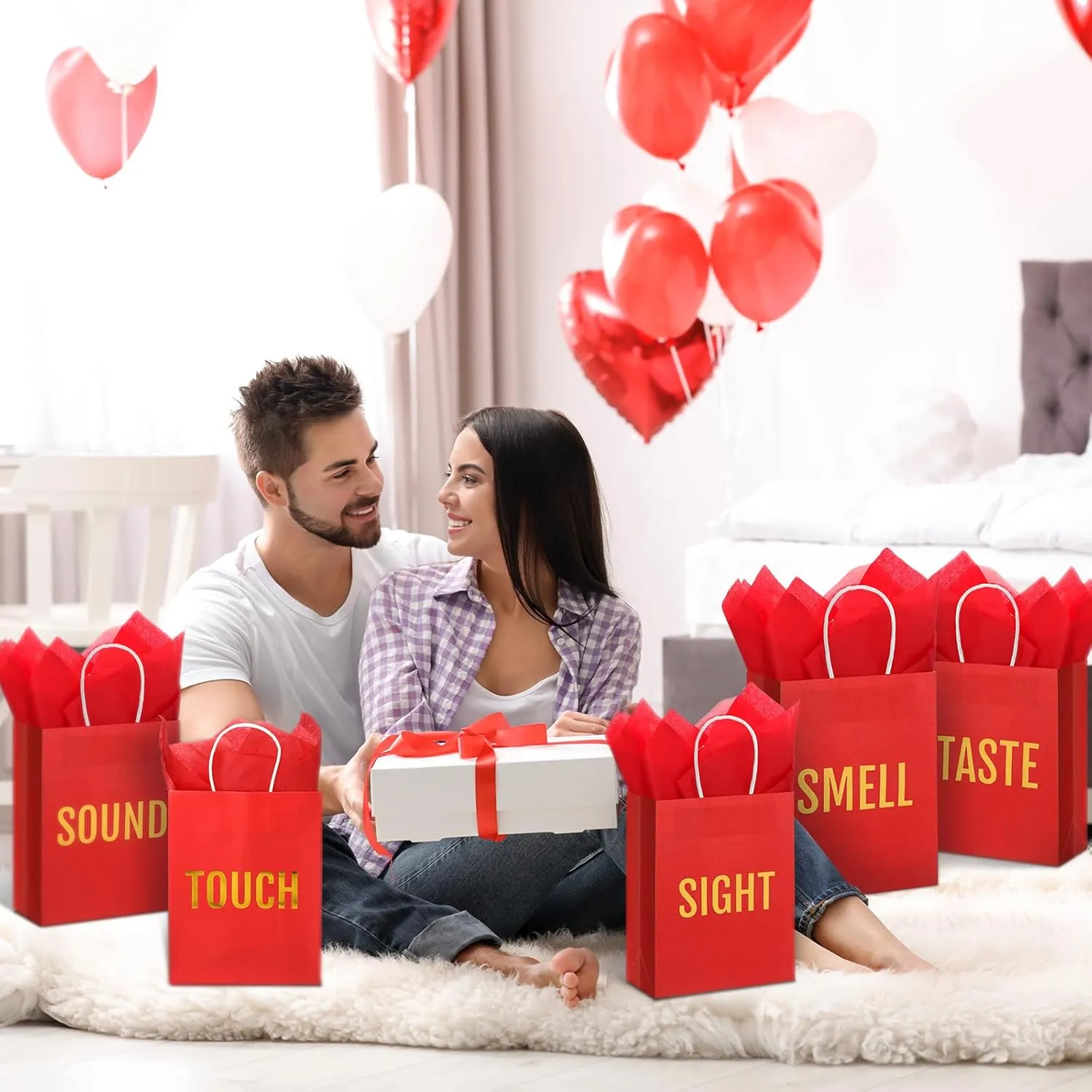 Kolldenn 5 Senses Gift Bags for Him for Her with 10 Pcs Tissue Paper, Paper Bags with Handles Five Senses Gifts for Valentines Christmas Birthday Wedding Anniversary(Red,8.3 x 4.3 x 10.6 Inch)