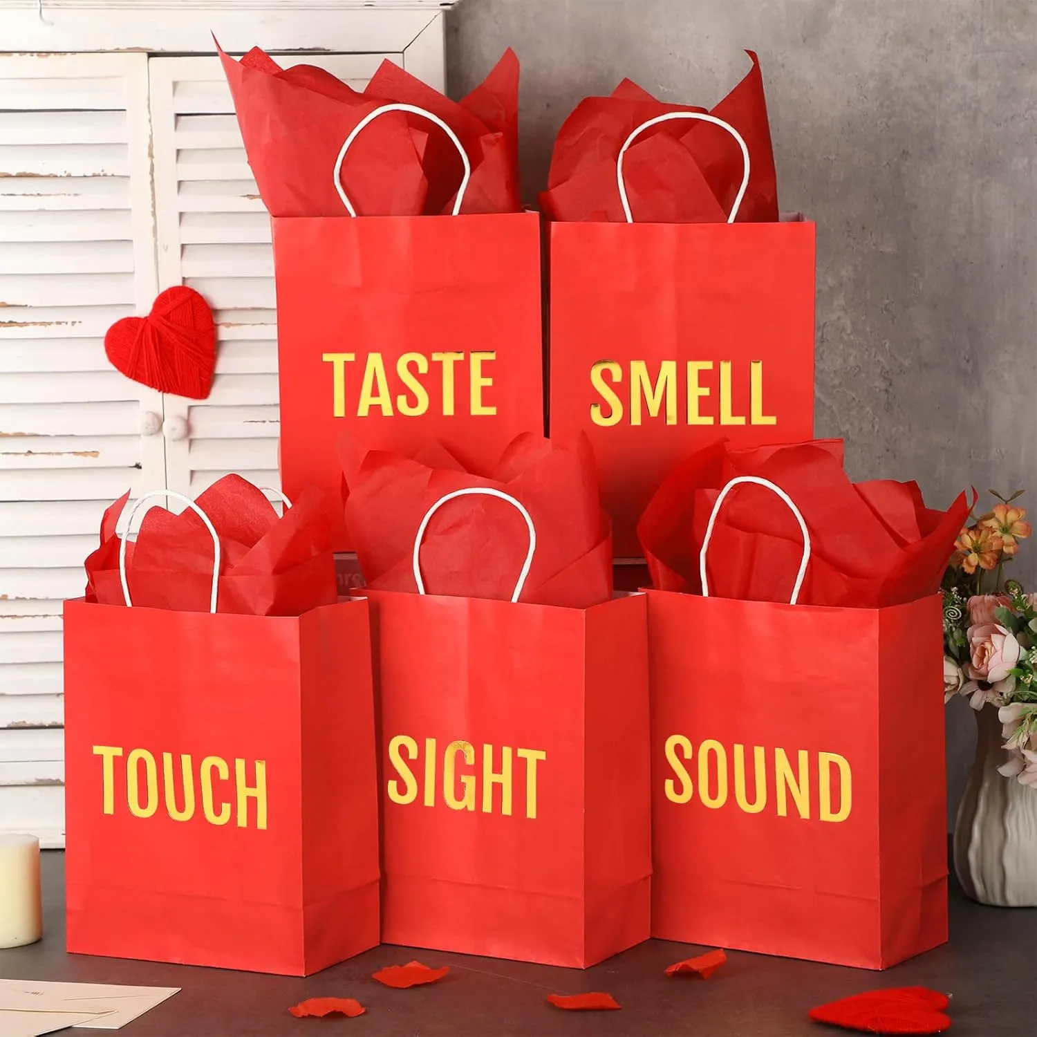 Kolldenn 5 Senses Gift Bags for Him for Her with 10 Pcs Tissue Paper, Paper Bags with Handles Five Senses Gifts for Valentines Christmas Birthday Wedding Anniversary(Red,8.3 x 4.3 x 10.6 Inch)