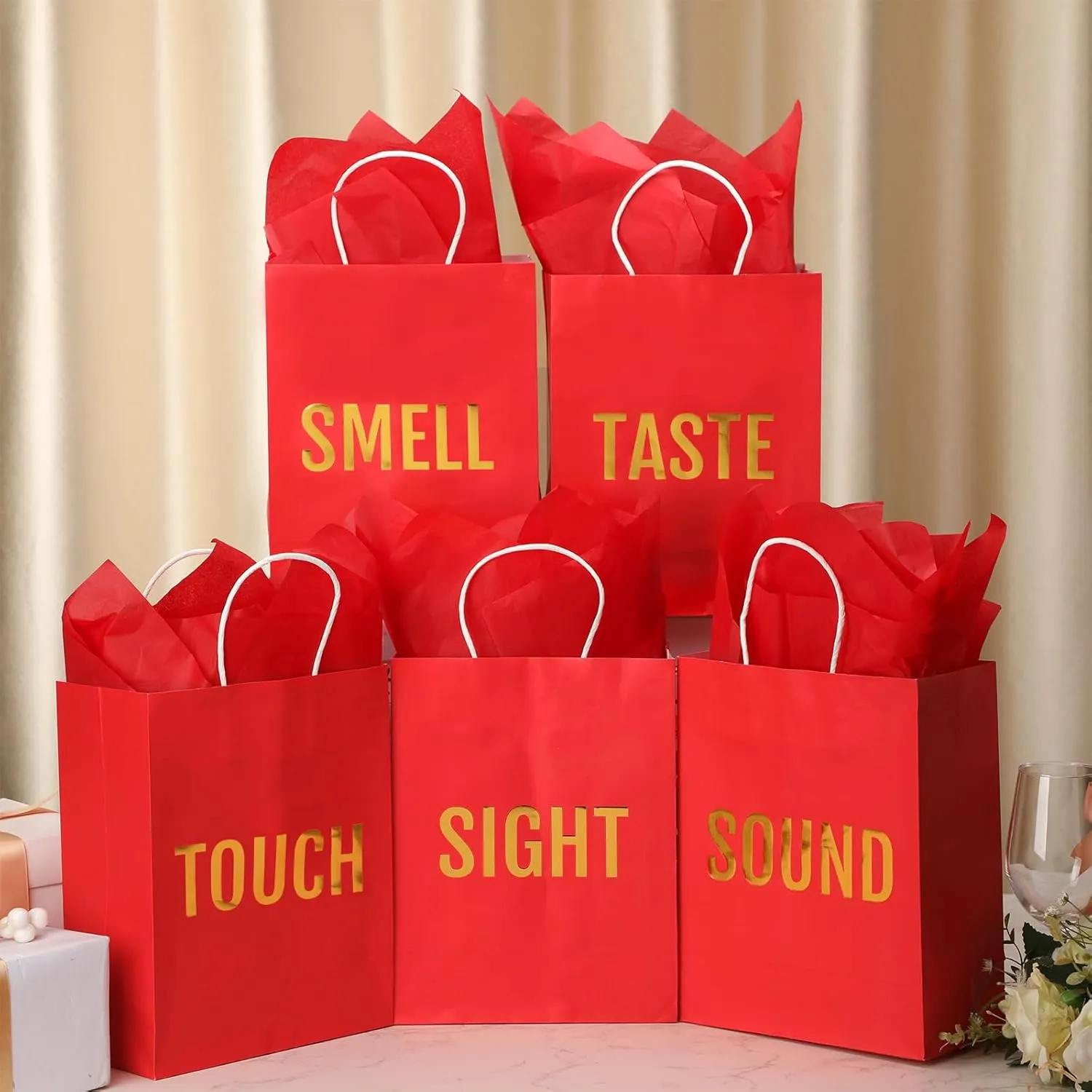 Kolldenn 5 Senses Gift Bags for Him for Her with 10 Pcs Tissue Paper, Paper Bags with Handles Five Senses Gifts for Valentines Christmas Birthday Wedding Anniversary(Red,8.3 x 4.3 x 10.6 Inch)