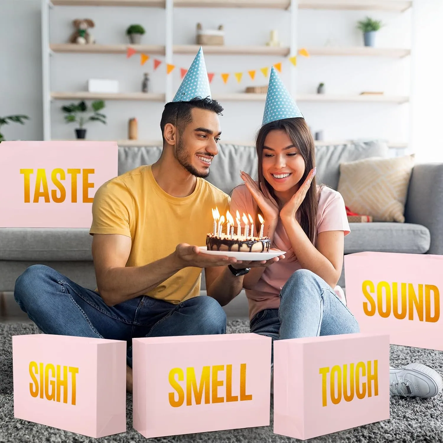 Kolldenn 5 Senses Gift Bags for Him Her Five Senses Gift Bags with Ribbon Handle Gifts Decoration for Birthday Wedding Anniversary Valentine's Day Graduation Party(Pink,12.6 x 8.7 x 4 Inch)