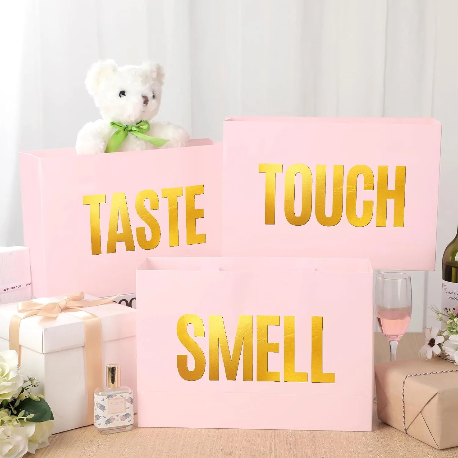 Kolldenn 5 Senses Gift Bags for Him Her Five Senses Gift Bags with Ribbon Handle Gifts Decoration for Birthday Wedding Anniversary Valentine's Day Graduation Party(Pink,12.6 x 8.7 x 4 Inch)