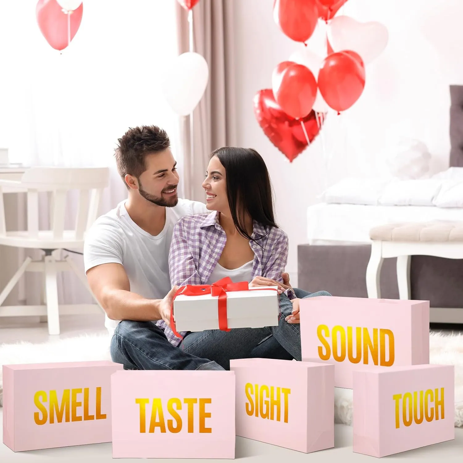 Kolldenn 5 Senses Gift Bags for Him Her Five Senses Gift Bags with Ribbon Handle Gifts Decoration for Birthday Wedding Anniversary Valentine's Day Graduation Party(Pink,12.6 x 8.7 x 4 Inch)