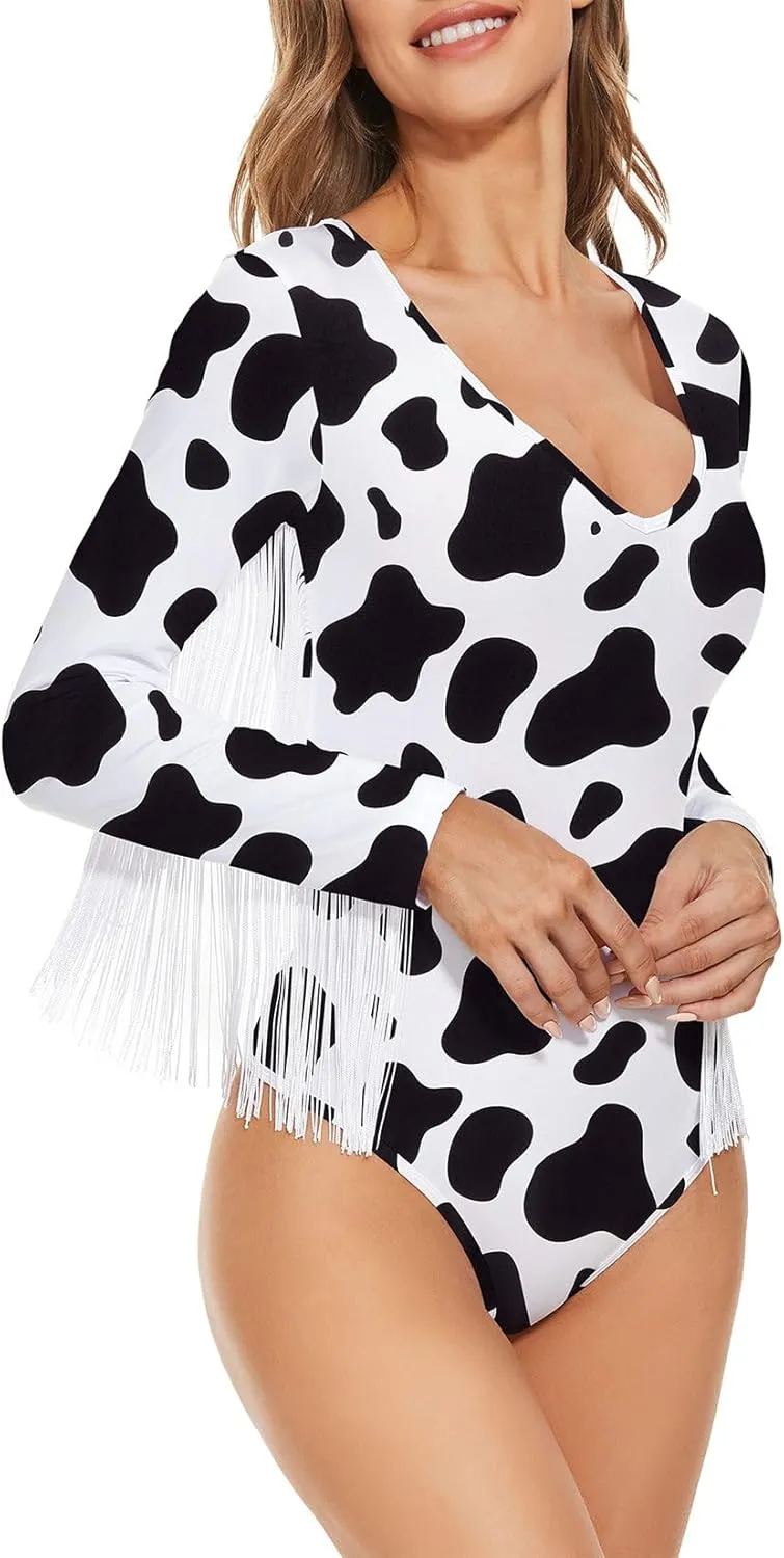 Komorebi Women's Fringe Trim V Neck Long Sleeve Bodysuit Top Cowgirl Outfits Disco Outfit Bodycon Leotard Fitted Stretchy Top