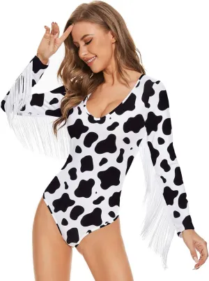 Komorebi Women's Fringe Trim V Neck Long Sleeve Bodysuit Top Cowgirl Outfits Disco Outfit Bodycon Leotard Fitted Stretchy Top