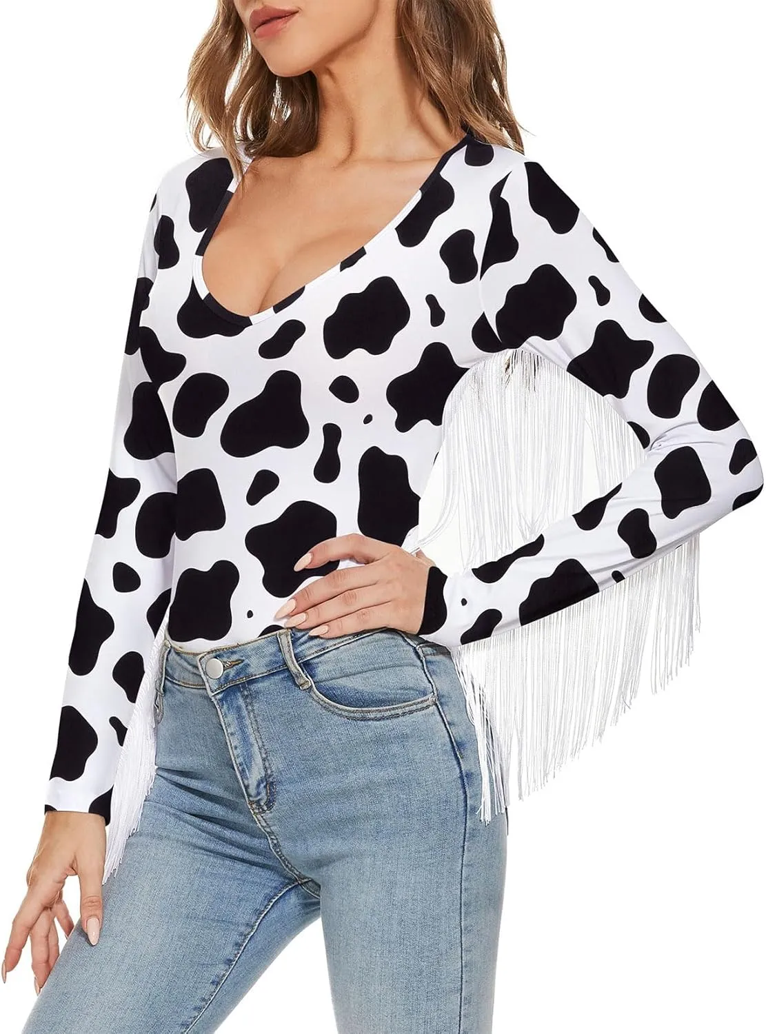 Komorebi Women's Fringe Trim V Neck Long Sleeve Bodysuit Top Cowgirl Outfits Disco Outfit Bodycon Leotard Fitted Stretchy Top
