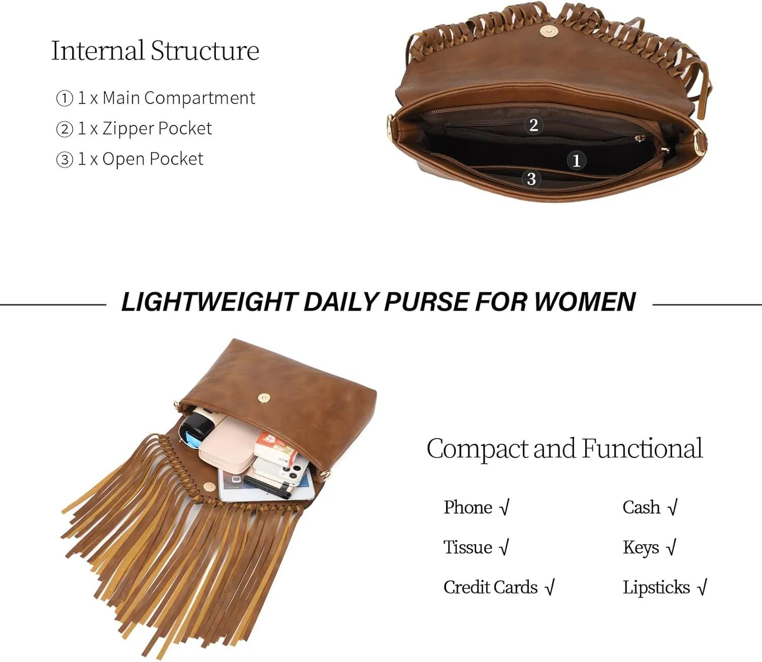 KouLi Buir Tassel Crossbody Purse for Women PU Leather Western Hobo Fringe Handbag Shoulder Bag