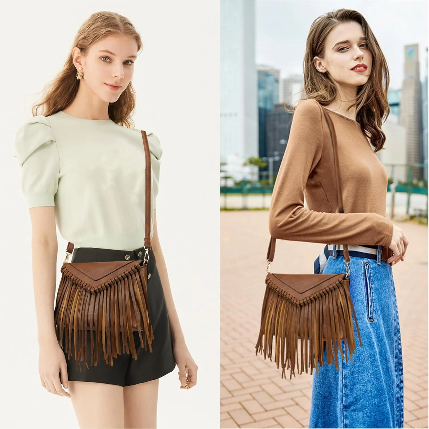 KouLi Buir Tassel Crossbody Purse for Women PU Leather Western Hobo Fringe Handbag Shoulder Bag