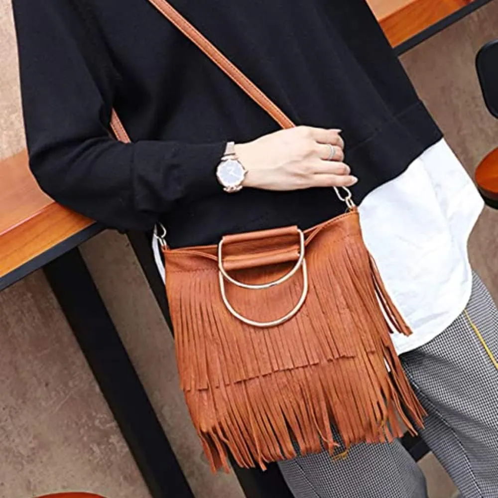 Ladies Fringe Crossbody Bag Leather Shoulder Bag Hobo Tote Bag (brown)